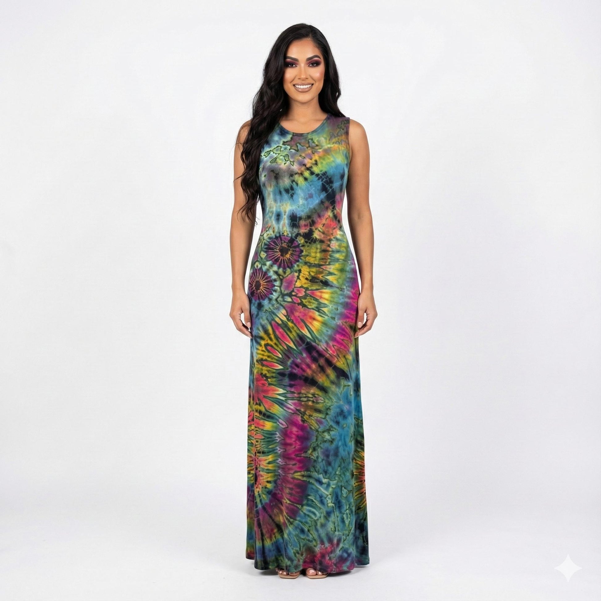 Woman wearing a tie-dye dress on a white background