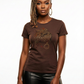 Brown fitted cotton t-shirt with a rhinestone loc design, worn by a woman with braided locs.