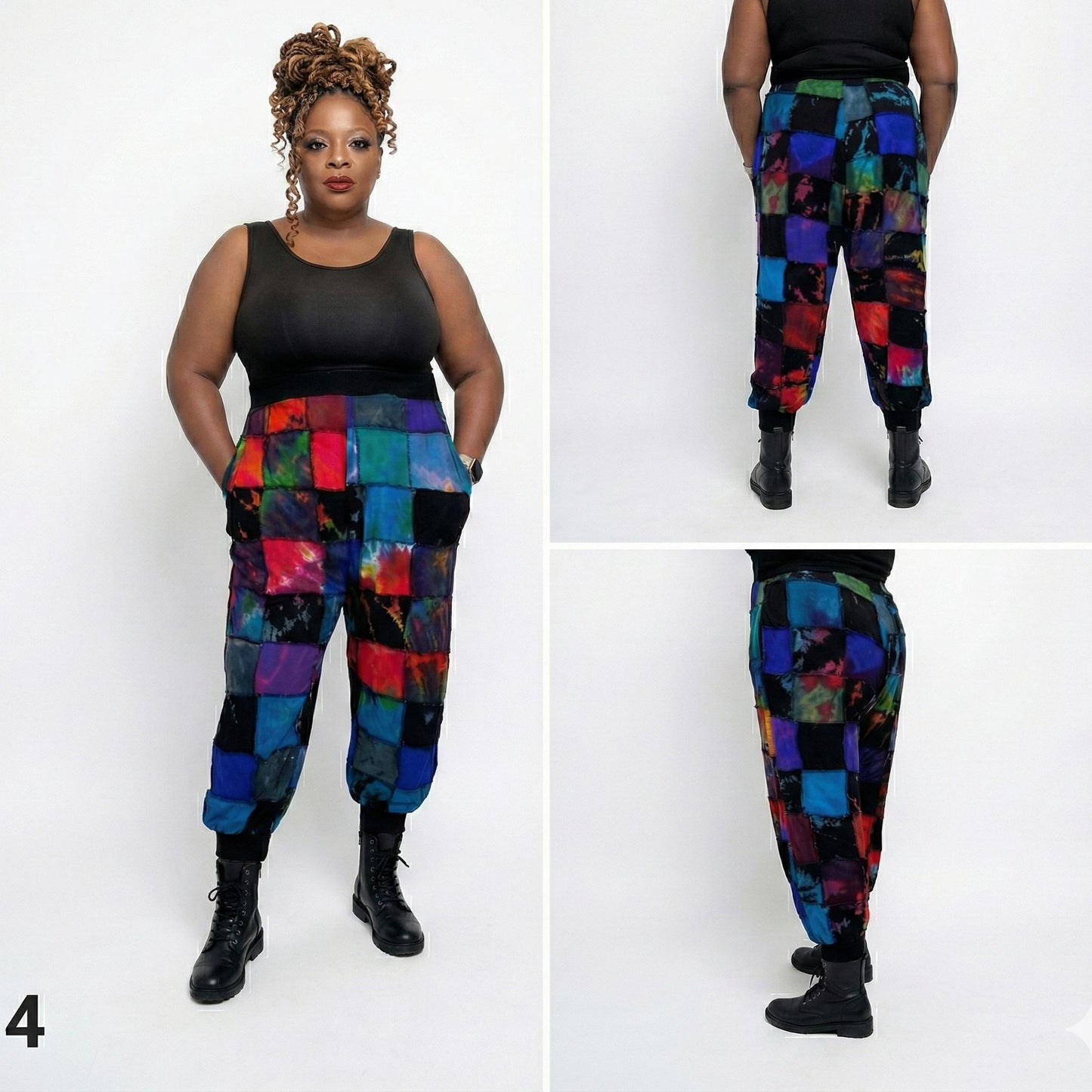 Colorful patchwork joggers worn by a person on a white background