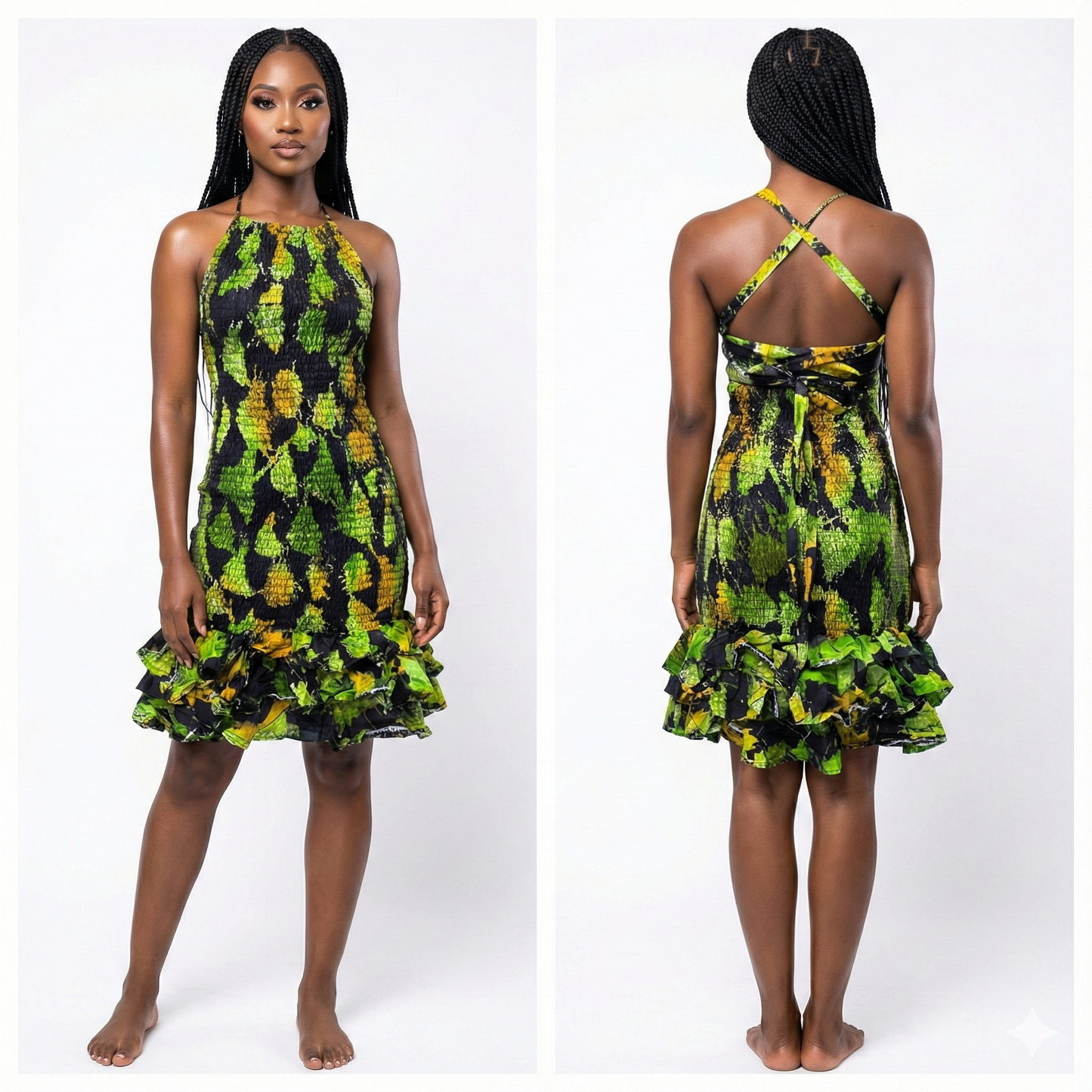 Woman wearing a green and yellow patterned dress from front and back views on a white background