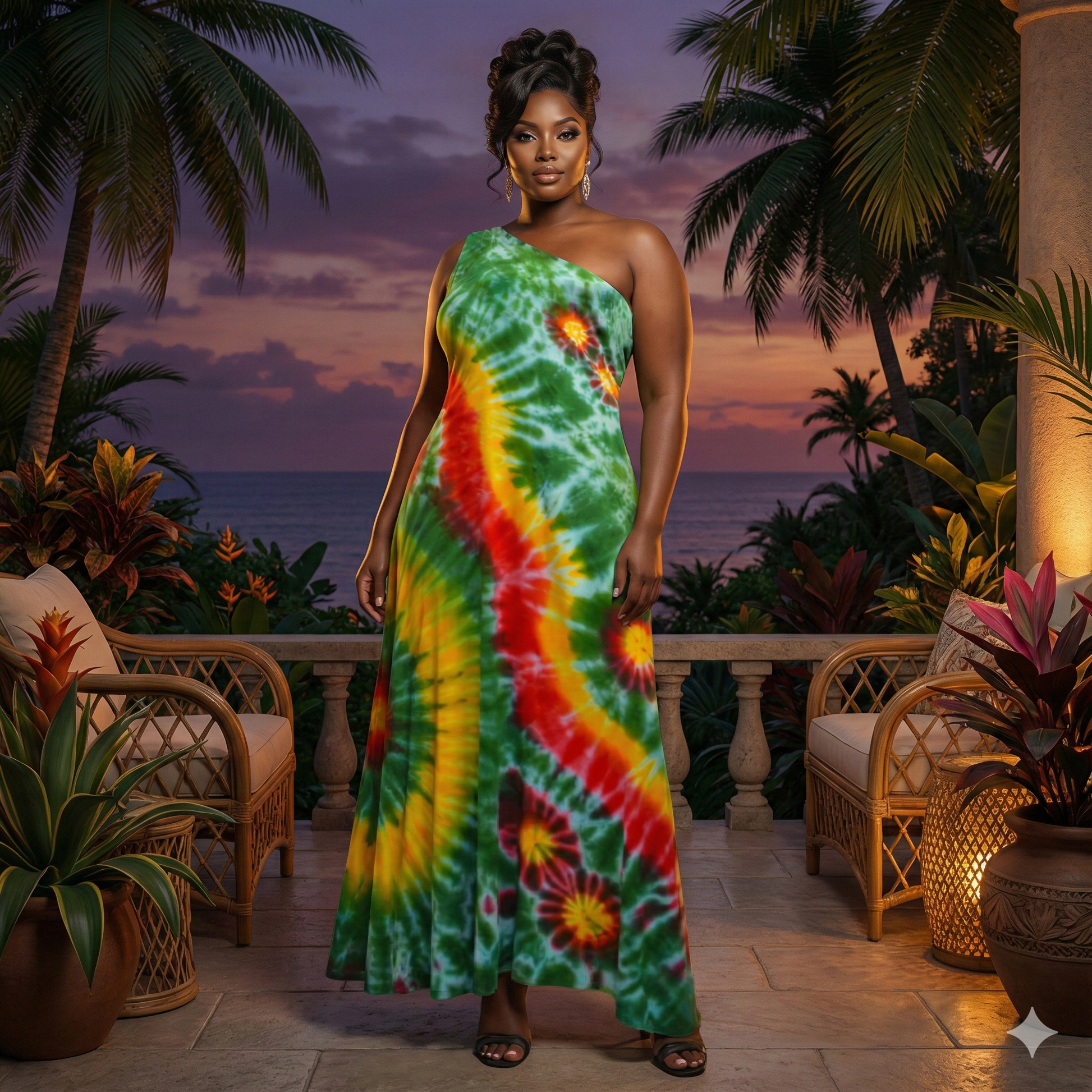 Woman in a tie-dye dress standing on a patio with palm trees and ocean view.