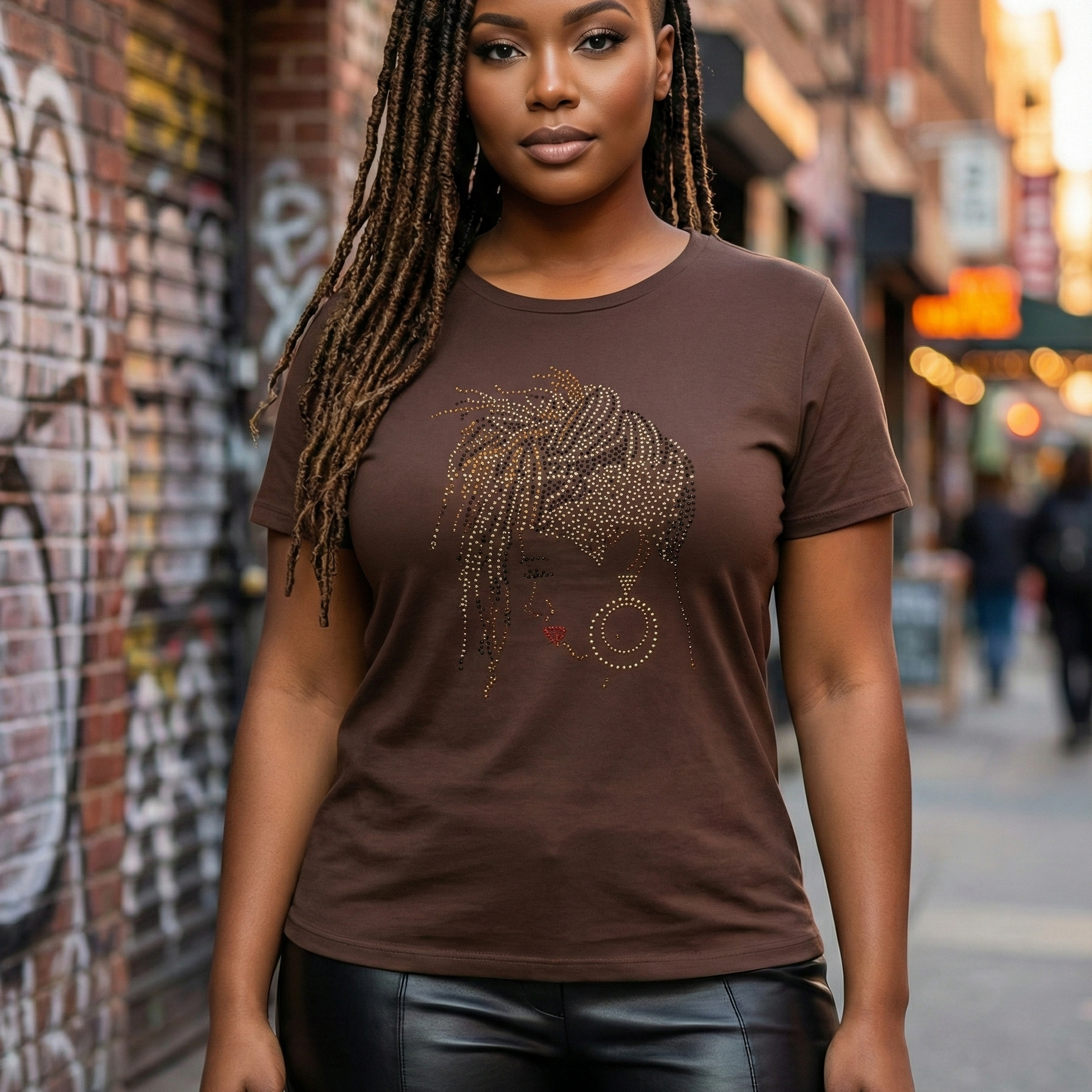 Woman in a fitted brown cotton t-shirt featuring a stunning rhinestone loc design with a red lip 