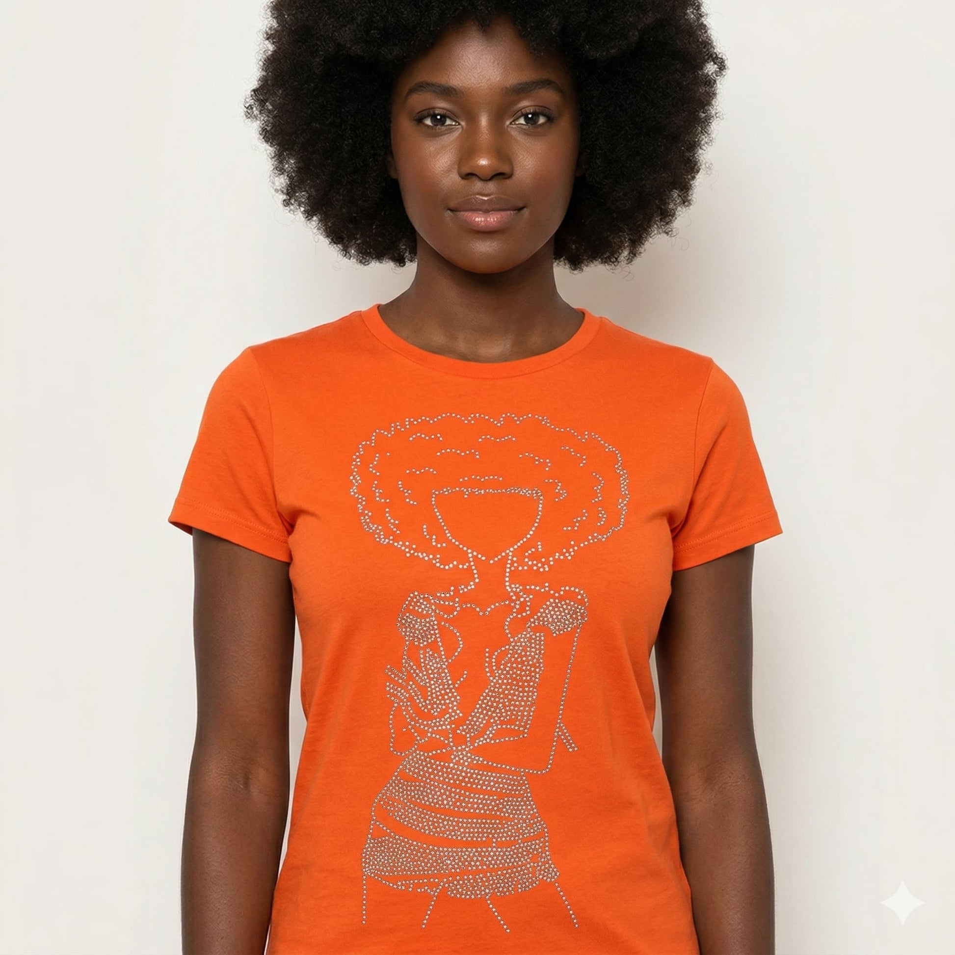 Orange Afro Diva Rhinestone T-Shirt with a full-body silhouette design in sparkling clear rhinestones.