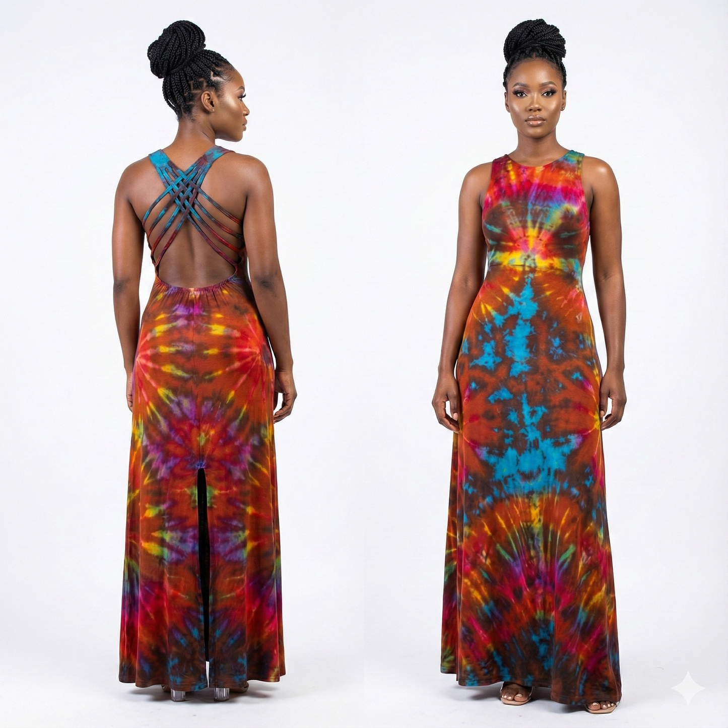 Model wearing a colorful tie-dye dress from multiple angles on a white background