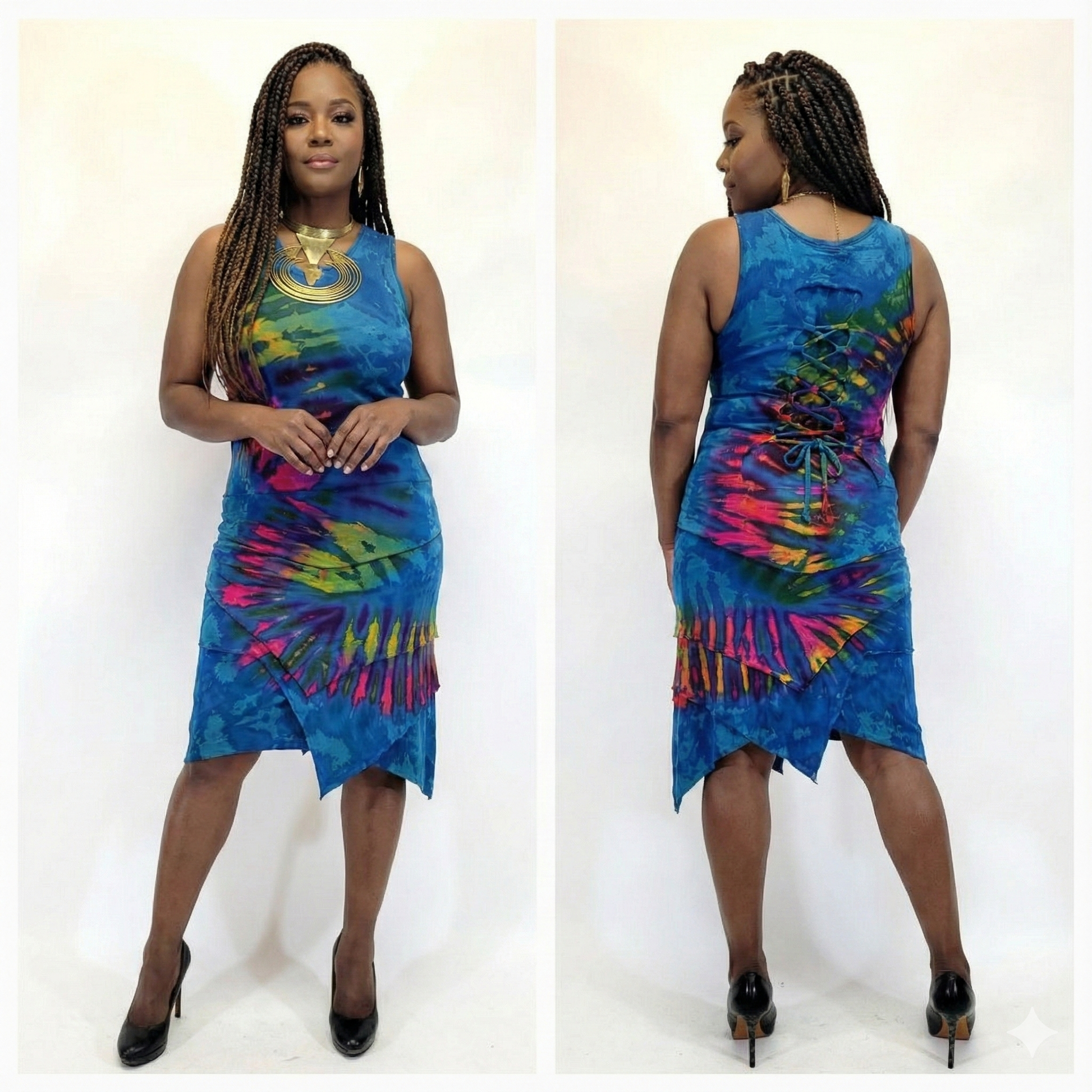 Woman wearing a colorful tie-dye dress from front and back views on a white background
