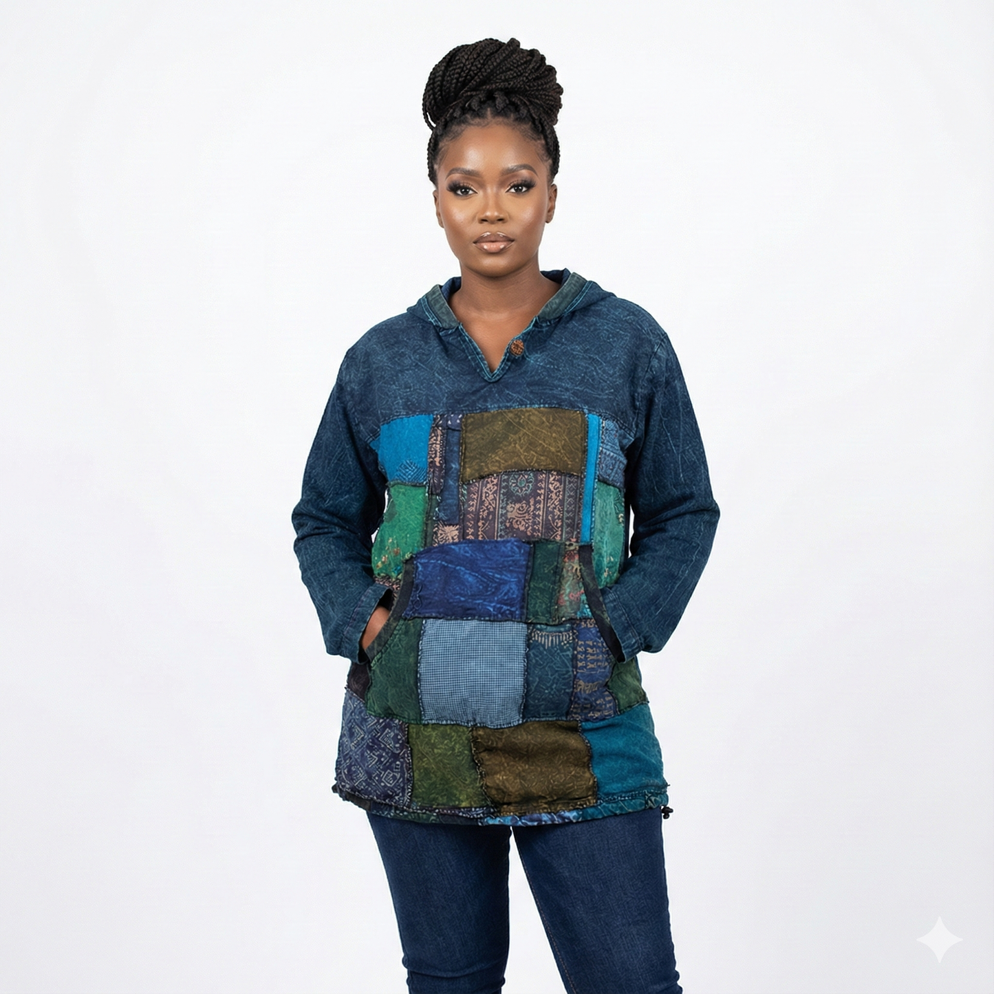 Woman wearing a patchwork hoodie with a white background