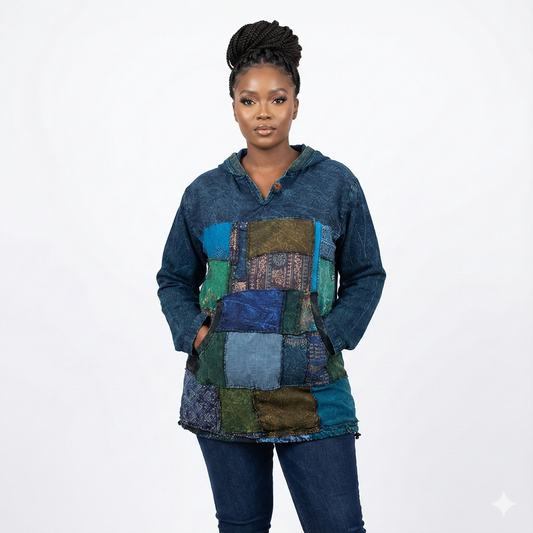 Woman wearing a patchwork hoodie with a white background