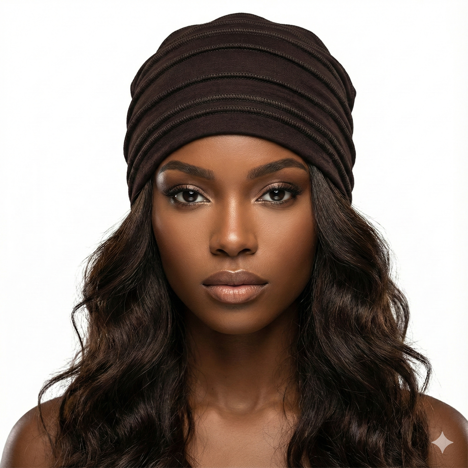 Woman wearing a brown hat on a white background