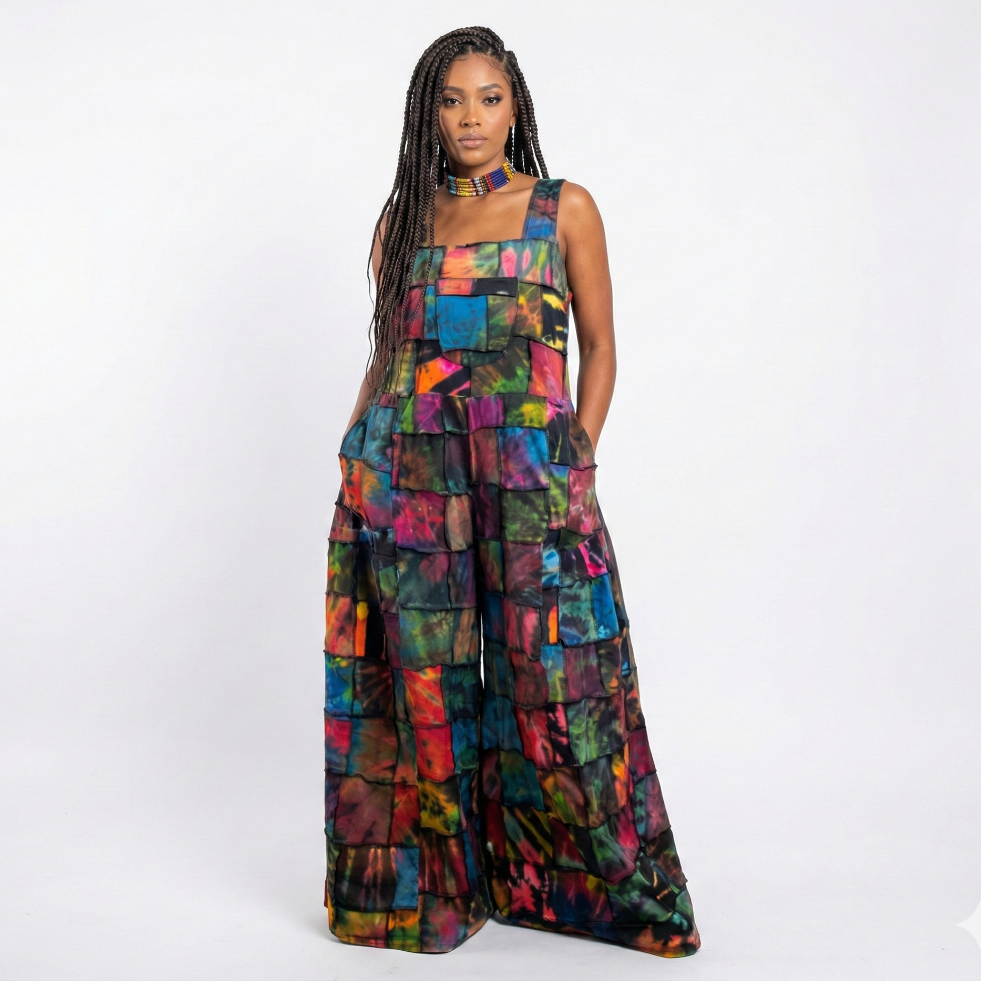 Woman wearing a colorful patchwork jumpsuit on a white background
