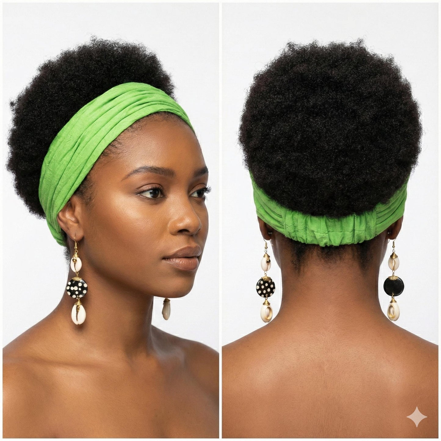 Woman wearing a green headband with earrings, shown from front and back views.
