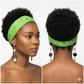 Woman wearing a green headband with earrings, shown from front and back views.
