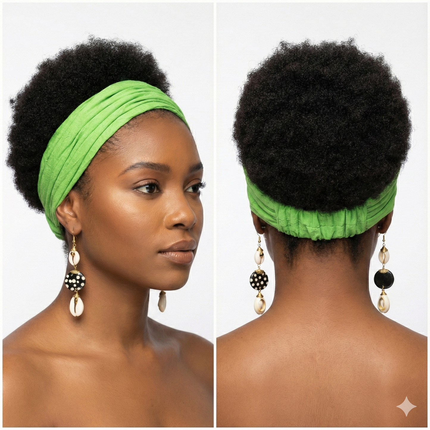 Woman wearing a green headband with earrings, shown from front and back views.