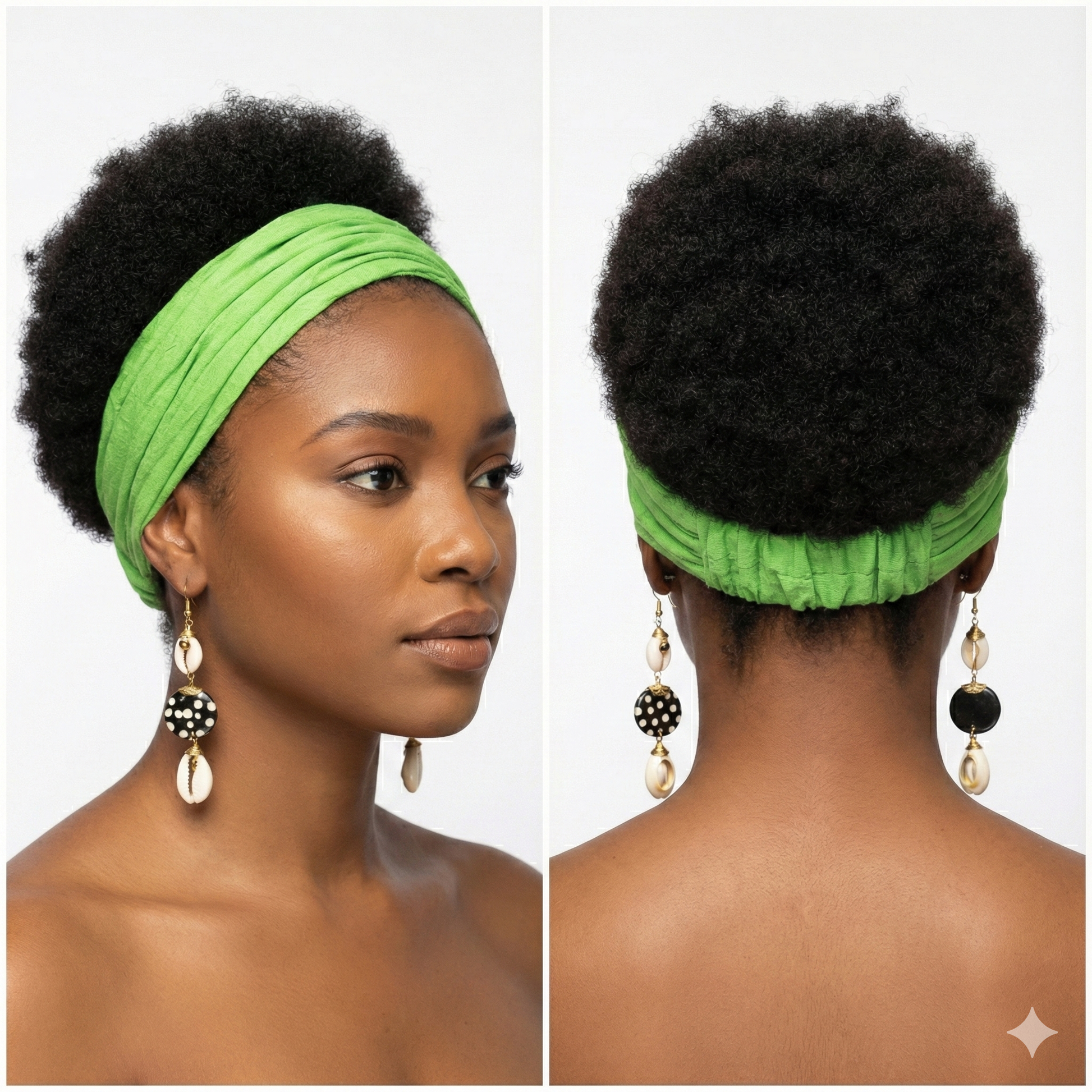 Woman wearing a green headband with earrings, shown from front and back views.