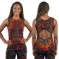 Woman wearing a tie-dye tank top with open back design, shown from front and back on a white background.