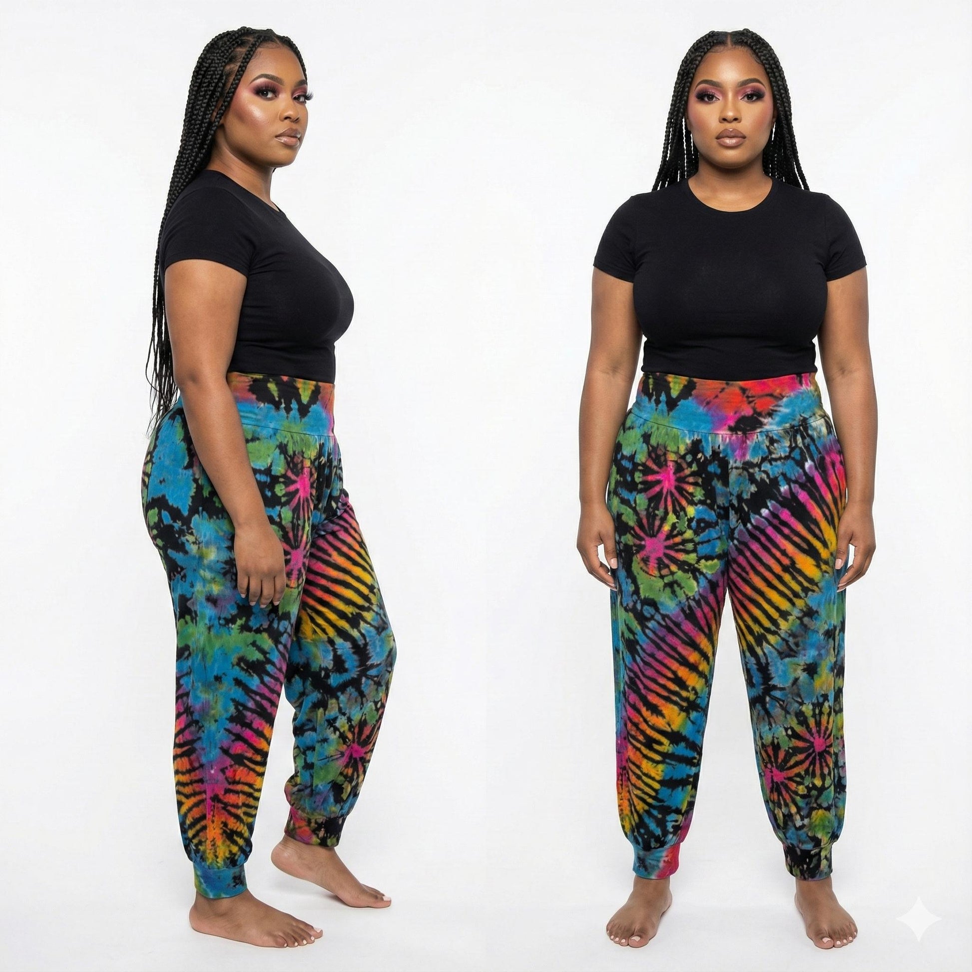 Two people wearing colorful tie-dye pants on a white background