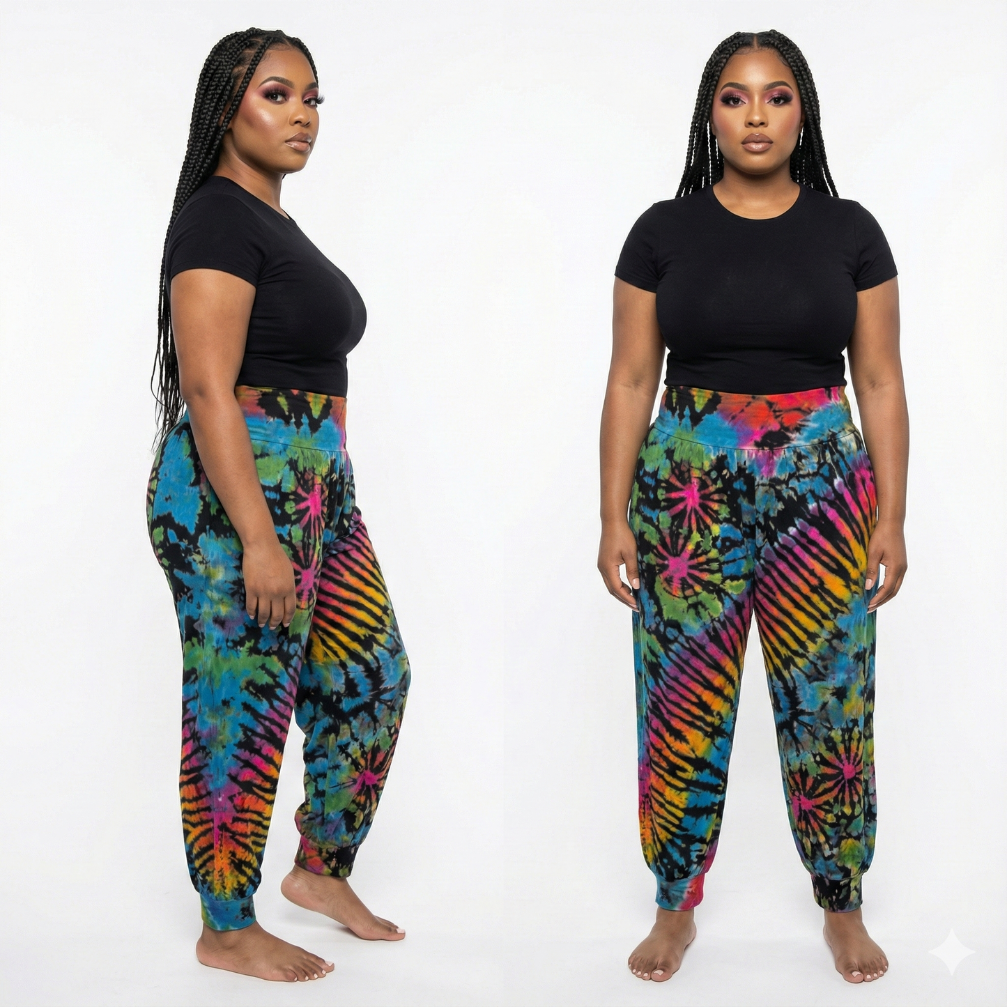 Two people wearing colorful tie-dye pants on a white background