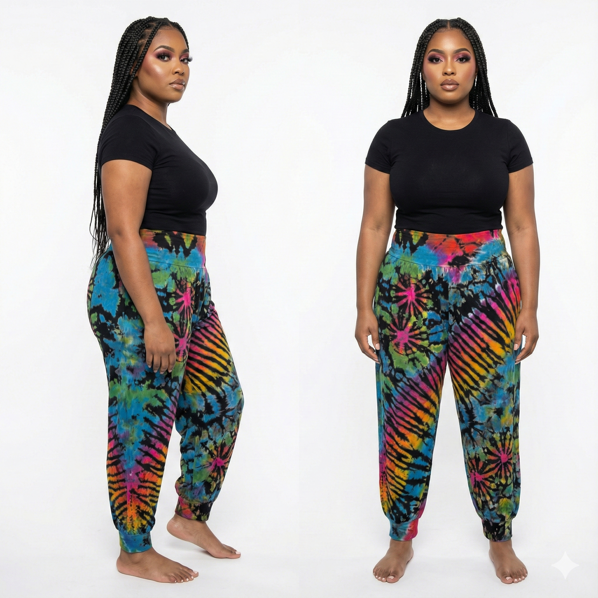 Two people wearing colorful tie-dye pants on a white background