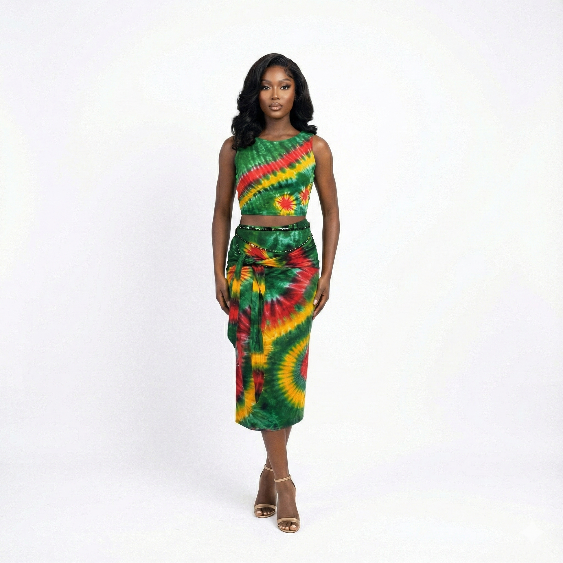 Woman wearing a green, red, and yellow tie-dye outfit on a white background