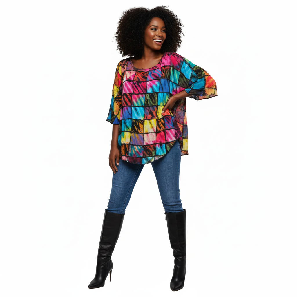 Woman wearing a colorful patterned patchwork top and blue jeans on a white background