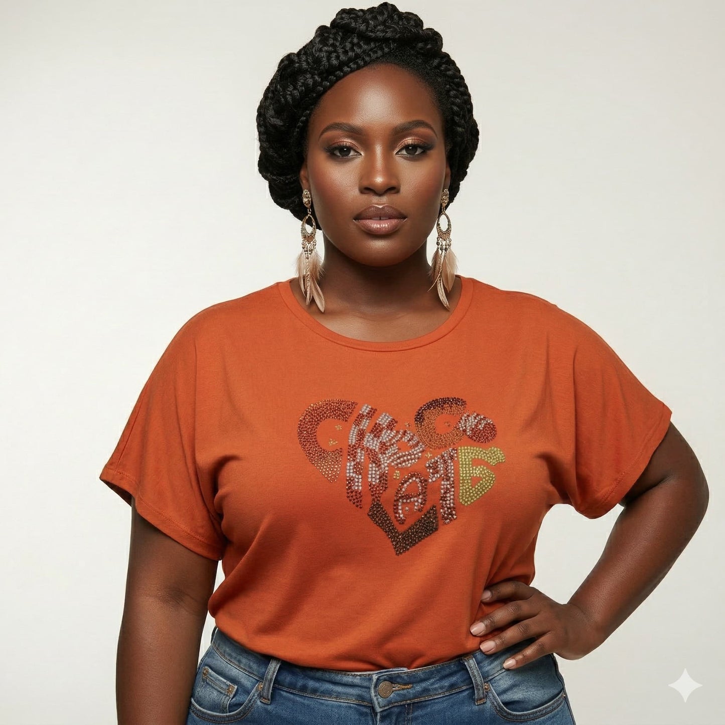 Woman in an orange "I Love Chocolate" rhinestone t-shirt with pearl oval stones and reflective film.