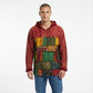 Man wearing a multicolored patchwork hoodie on a white background