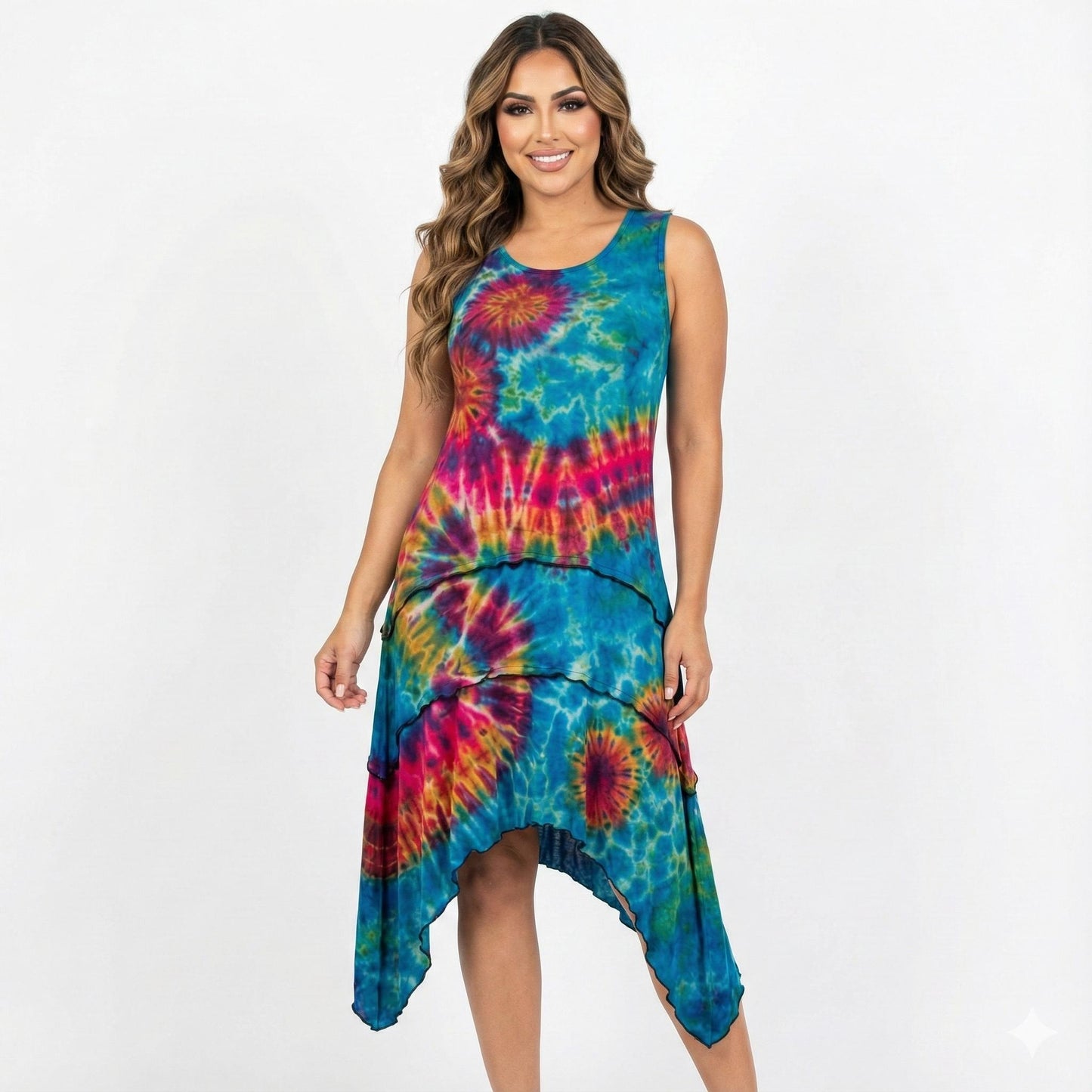 Woman wearing a tie-dye dress on a white background