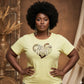 Woman in a yellow "I Love Chocolate" rhinestone t-shirt with pearl oval stones and reflective film.