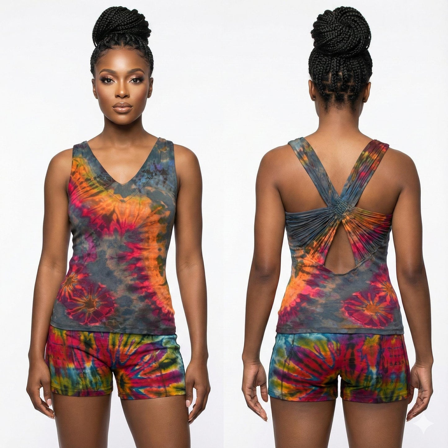 Tie-dye tank top and shorts set worn by a model on a white background