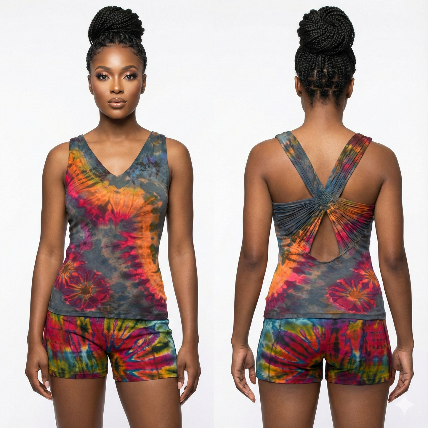 Tie-dye tank top and shorts set worn by a model on a white background