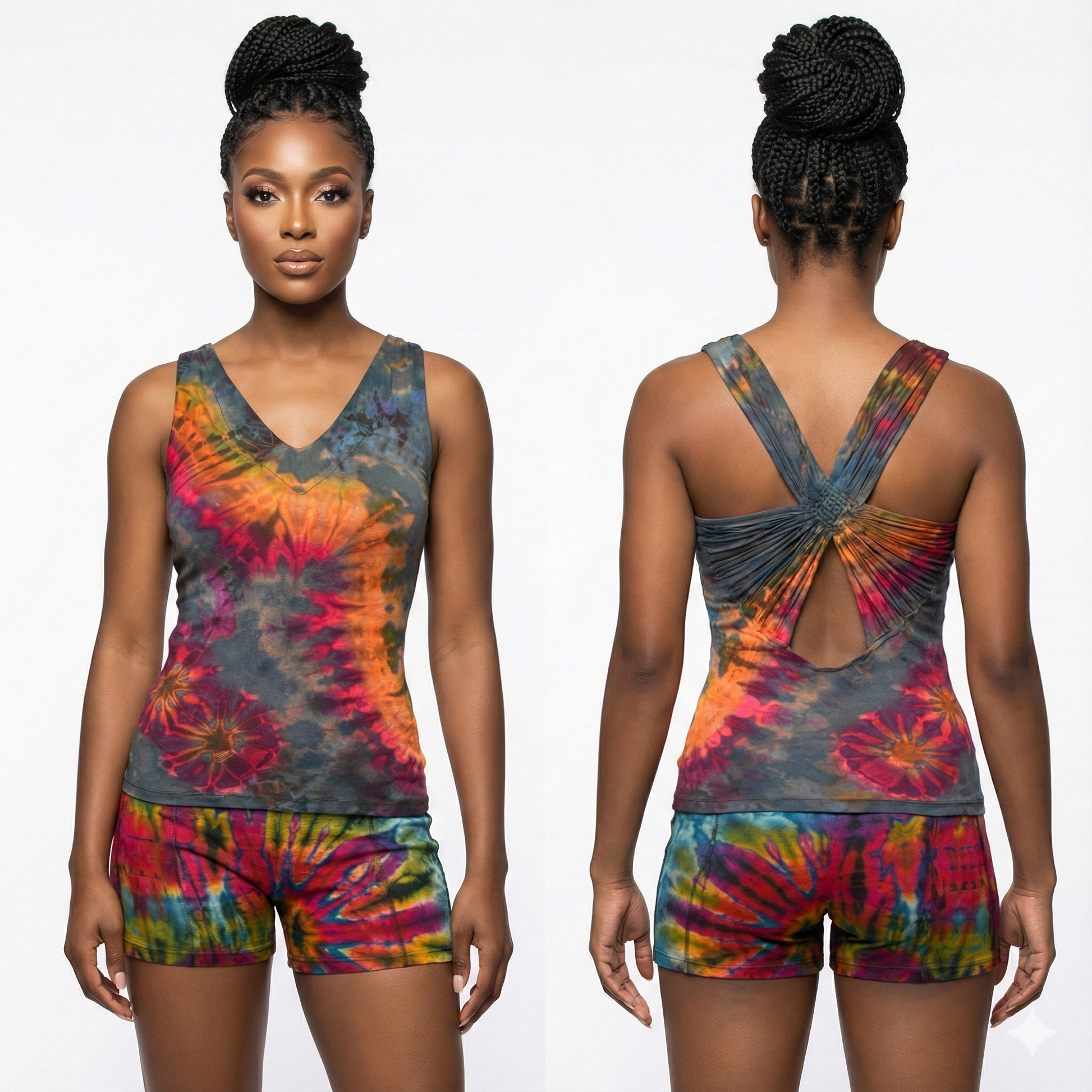 Tie-dye tank top and shorts set worn by a model on a white background