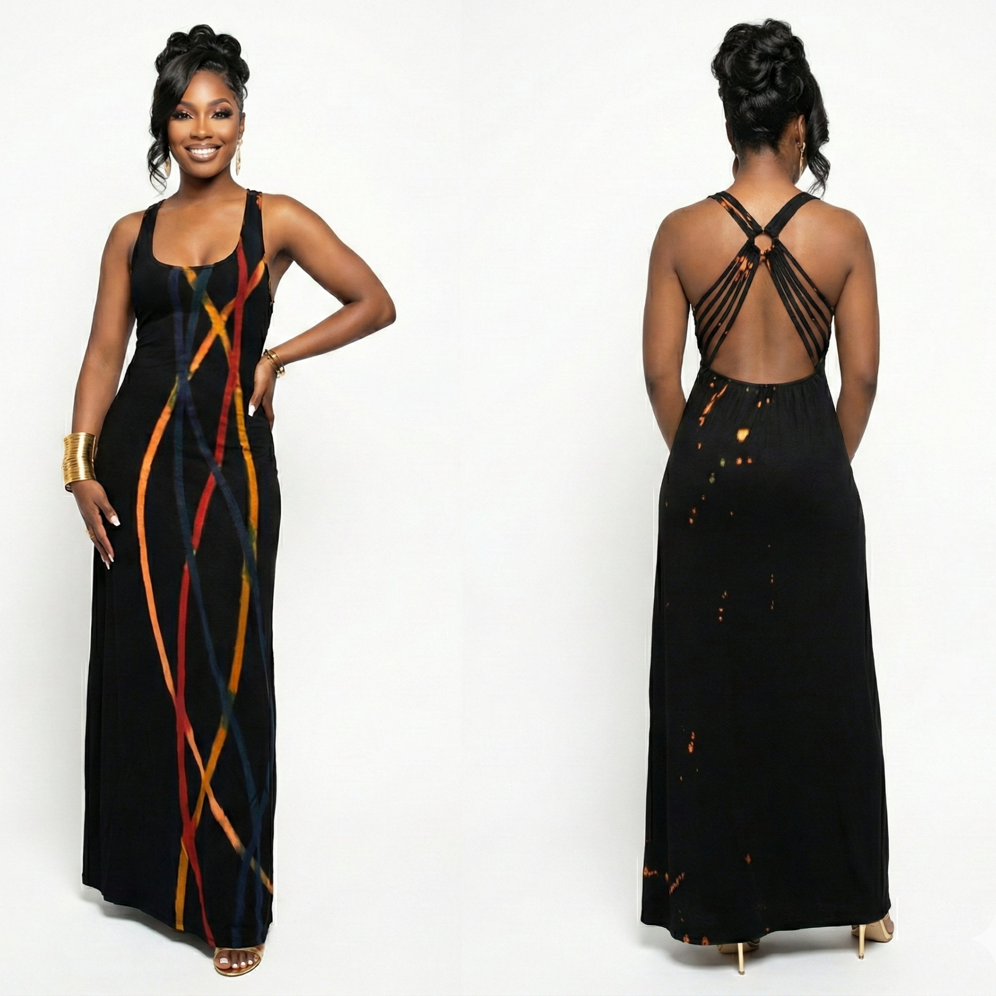 Woman wearing a black evening gown with colorful accents, shown from front and back.