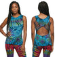 Tie-dye outfit with a tie dye sleeveless top and pants on a neutral background
