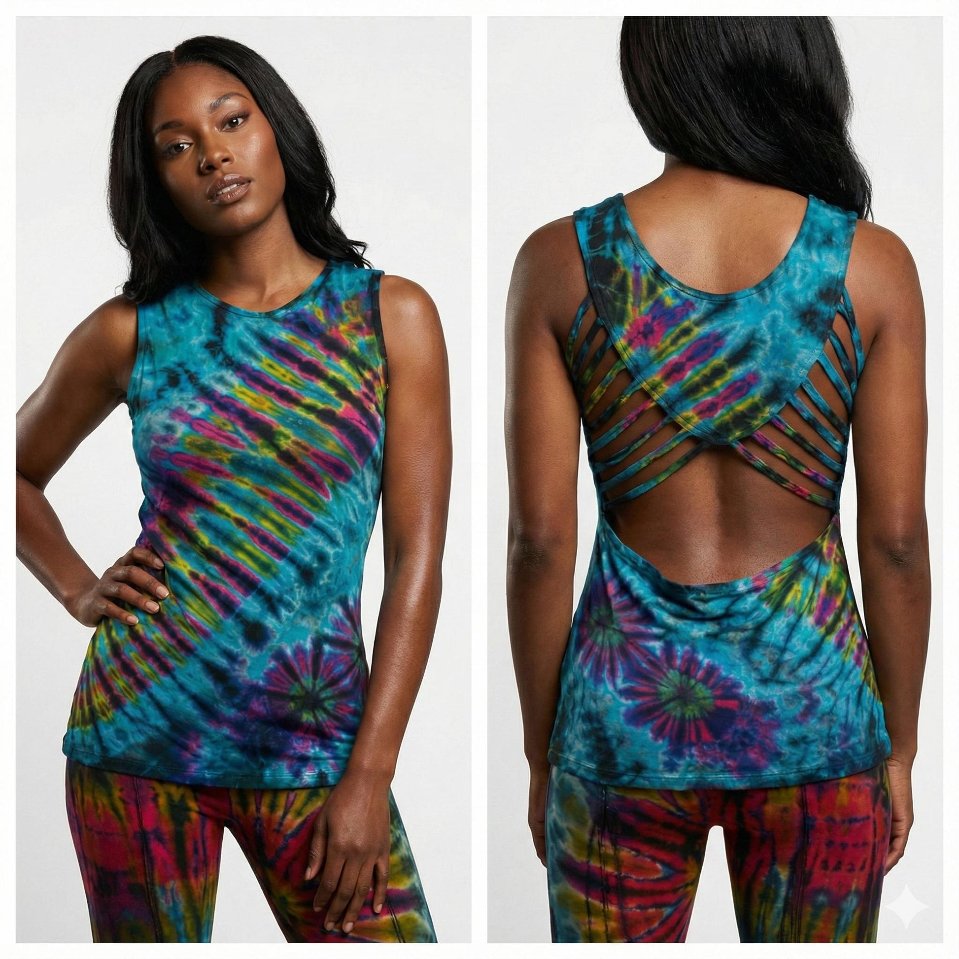Multicolored tie-dye tank top and leggings worn by a model on a white background