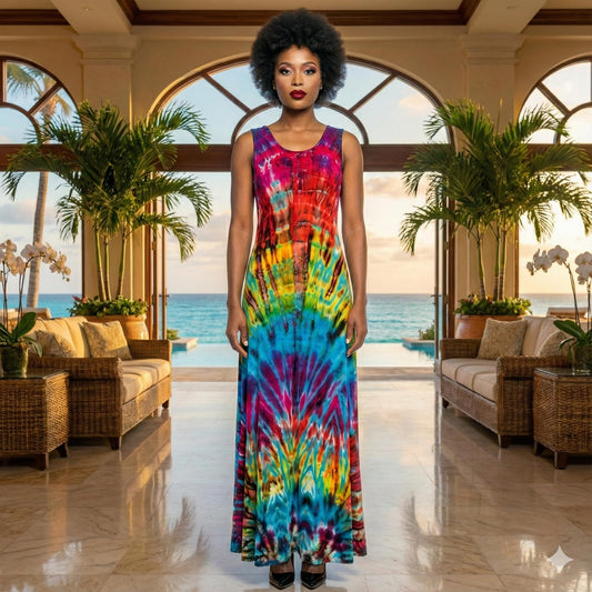 Woman in a colorful tie-dye dress standing in a luxurious indoor setting with ocean view.