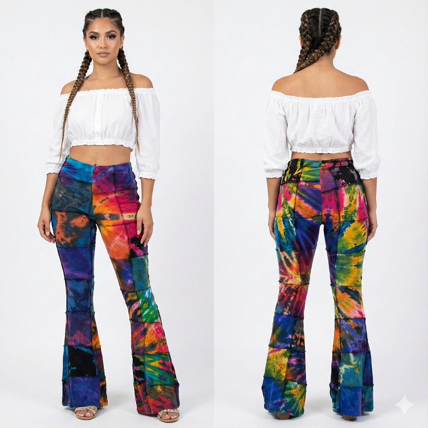 Woman wearing a white top and colorful tie-dye pants, shown from front and back on a white backgro