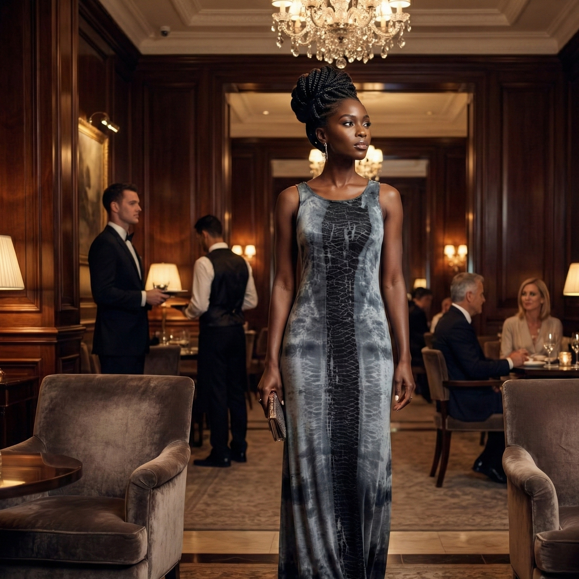 Woman in a elegant dress standing in a luxurious interior setting 