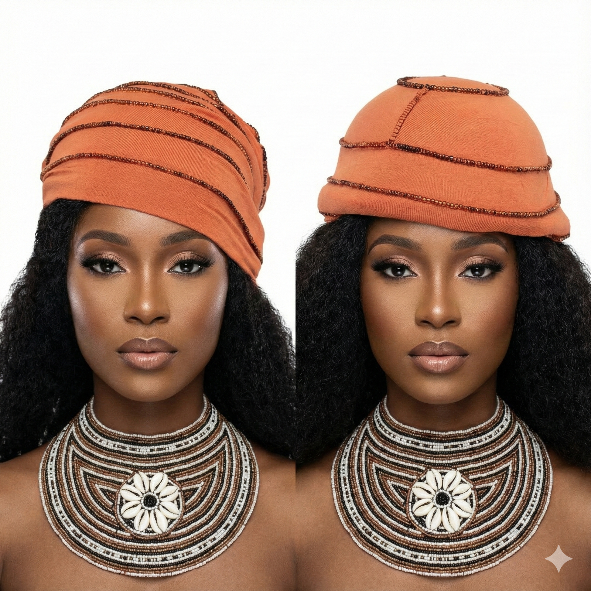 Two women wearing orange hat and intricate necklaces on a white background