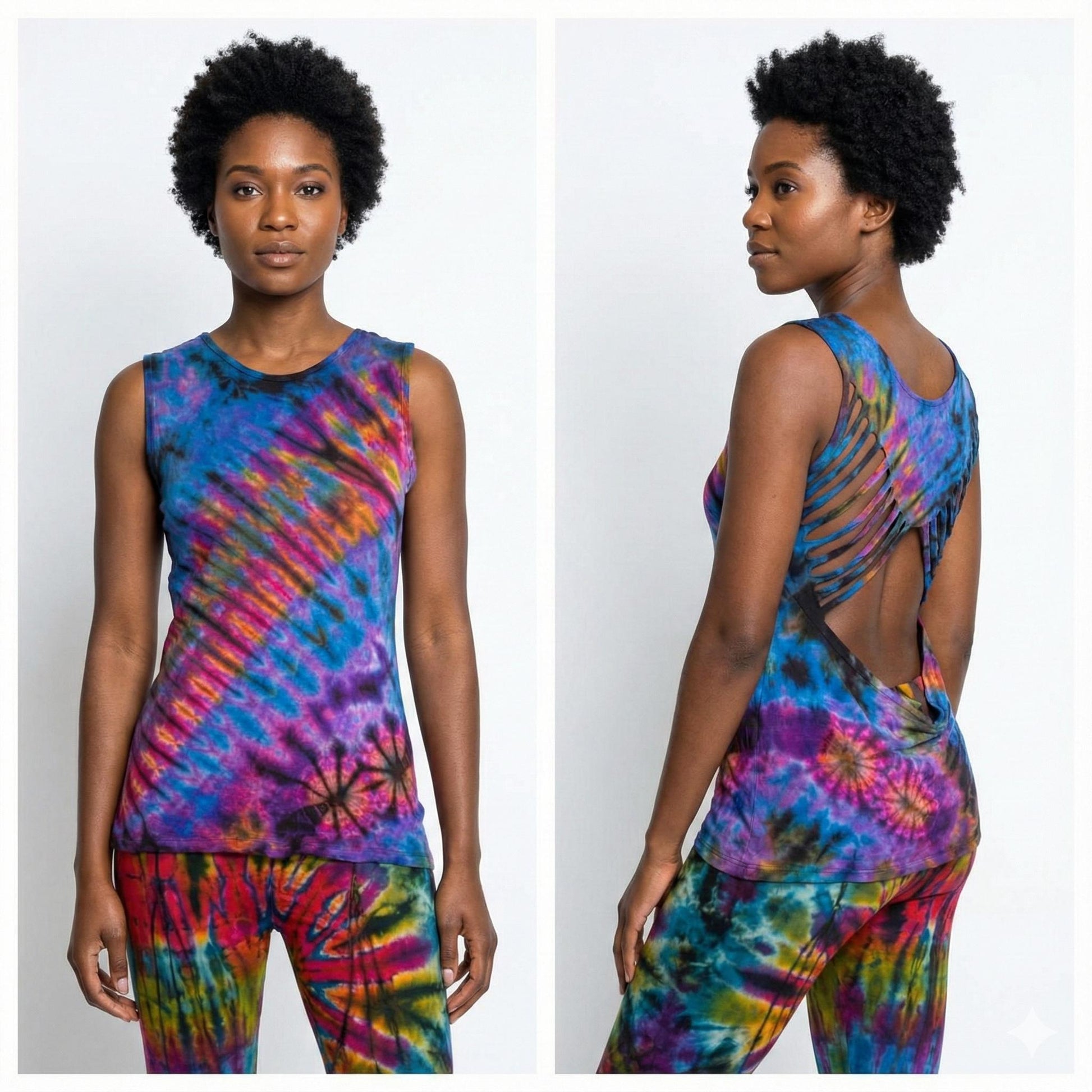 Person wearing a tie-dye sleeveless top and pants set on a white background
