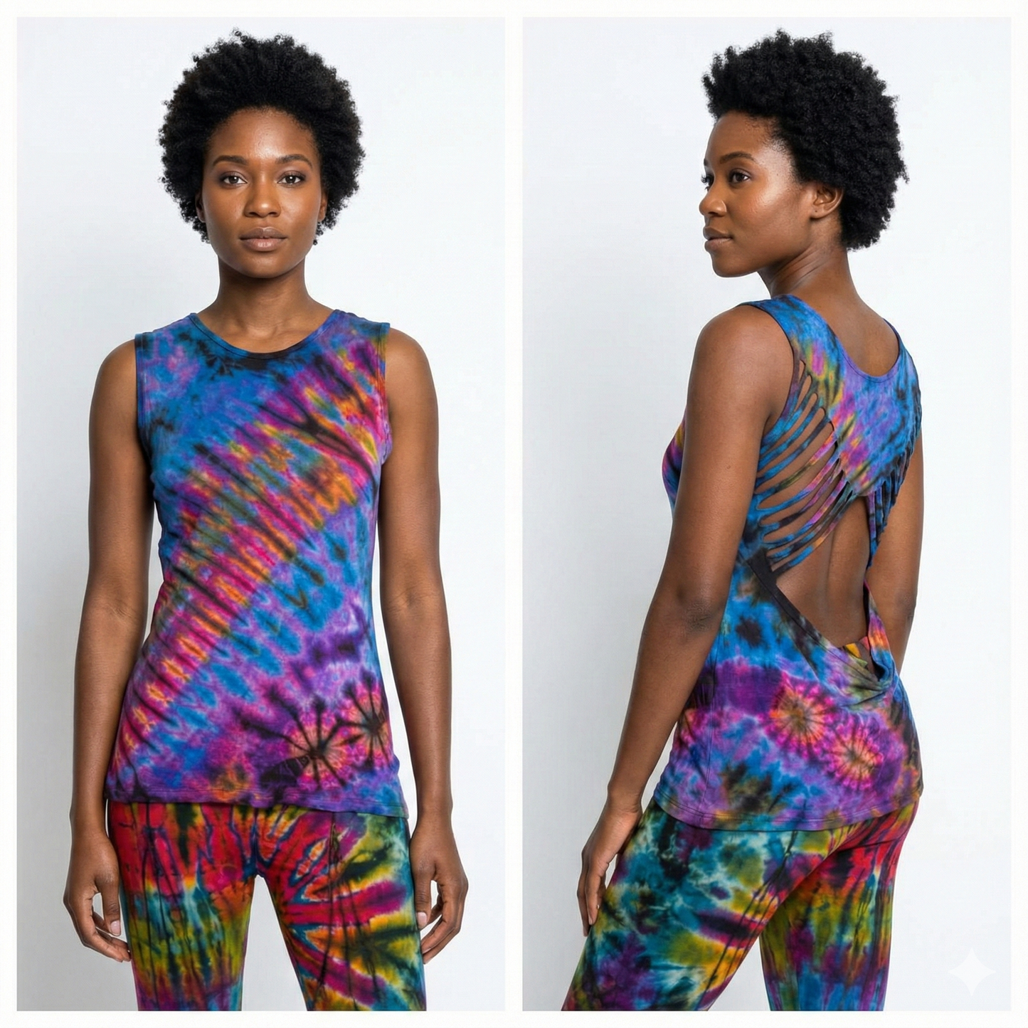 Person wearing a tie-dye sleeveless top and pants set on a white background