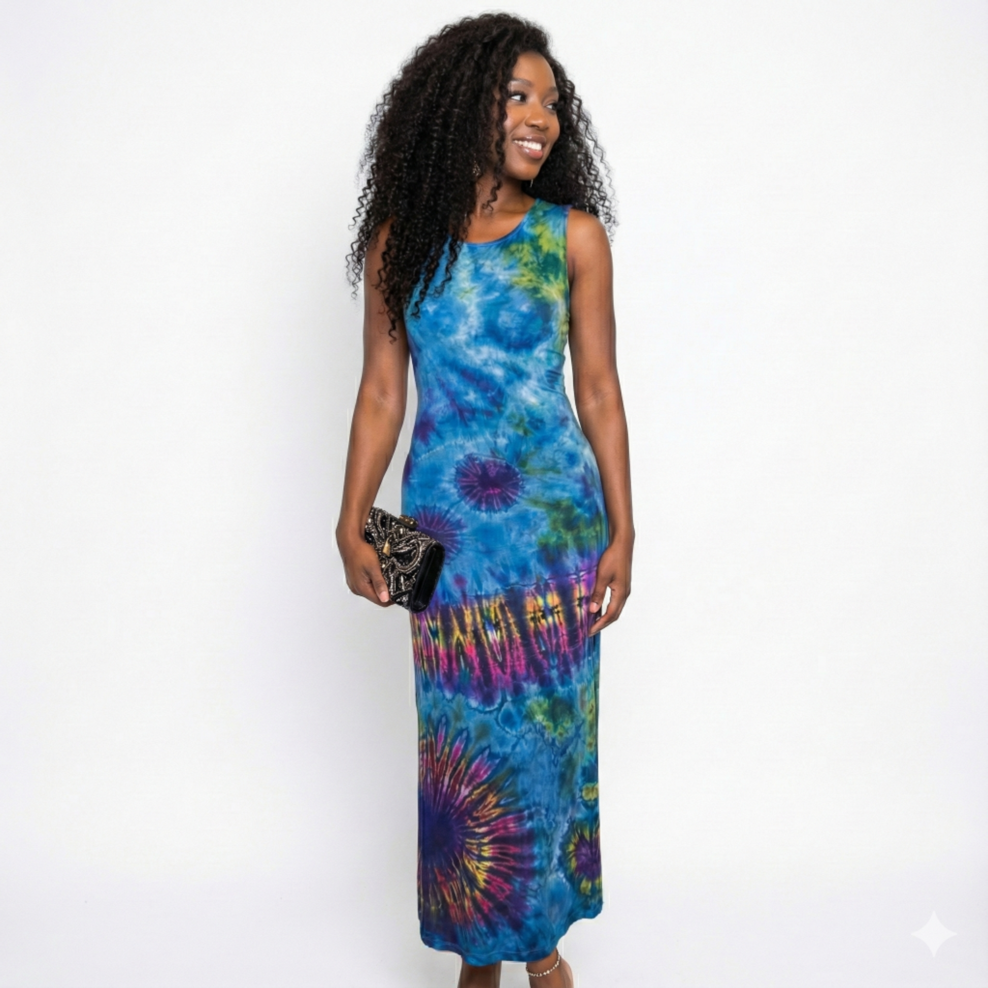 Woman wearing a tie-dye dress on a white background