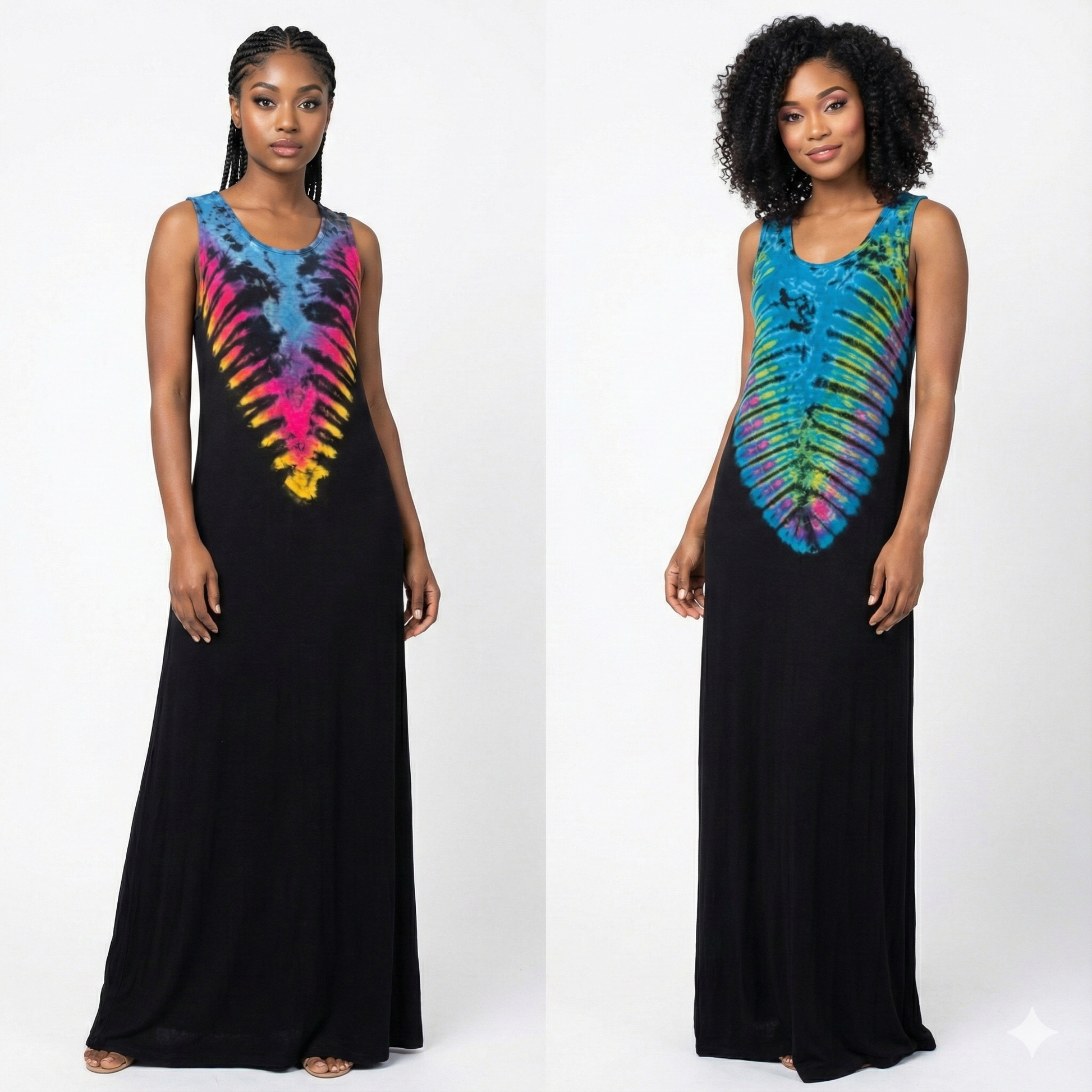 Two women wearing black dresses with tie-dye designs on a white background