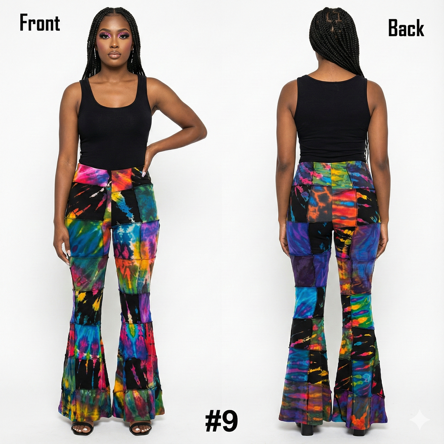 Multicolored tie-dye pants worn by a model on a white background