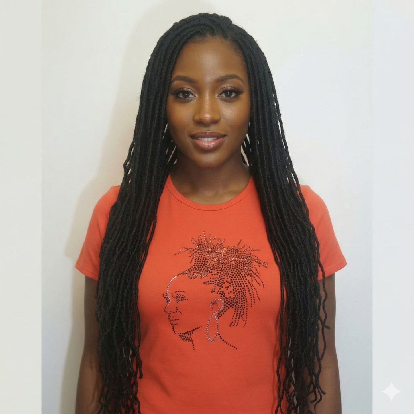 Woman in an orange Loc Princess Rhinestone T-Shirt with a dazzling natural hair design.