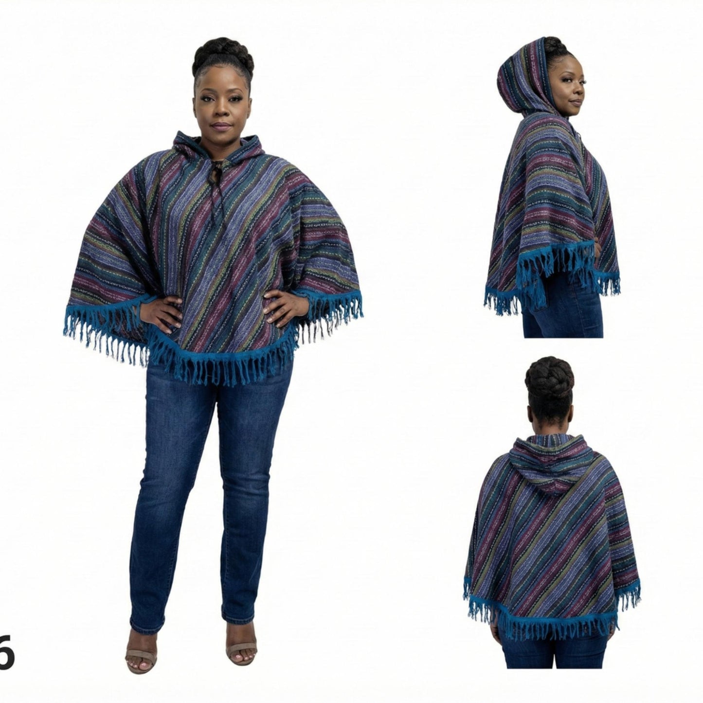 Woman wearing a striped poncho with fringe details on a white background