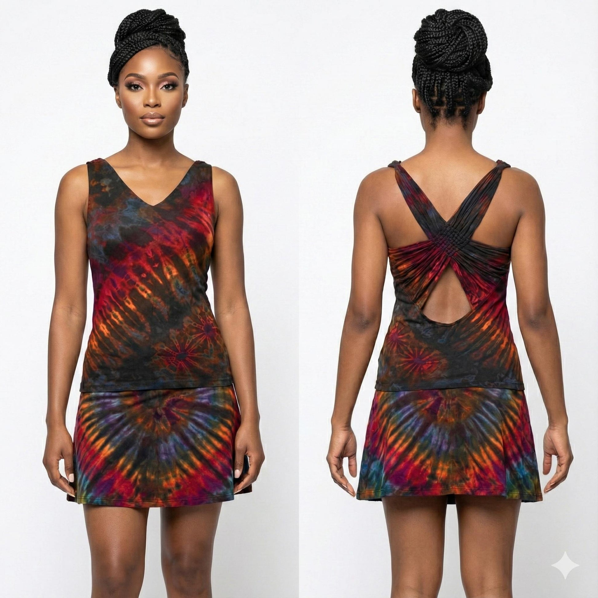 Tie-dye tank top and short skirt set worn by a model on a white background