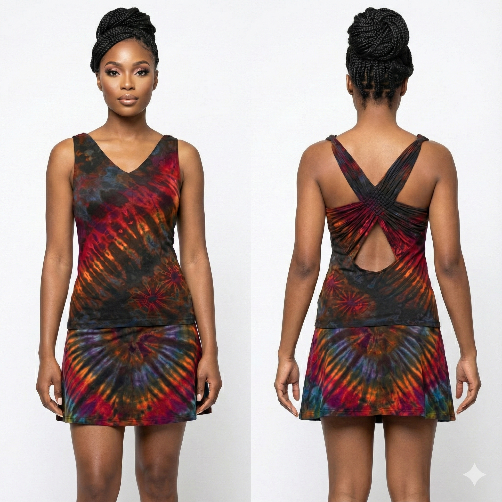 Tie-dye tank top and short skirt set worn by a model on a white background