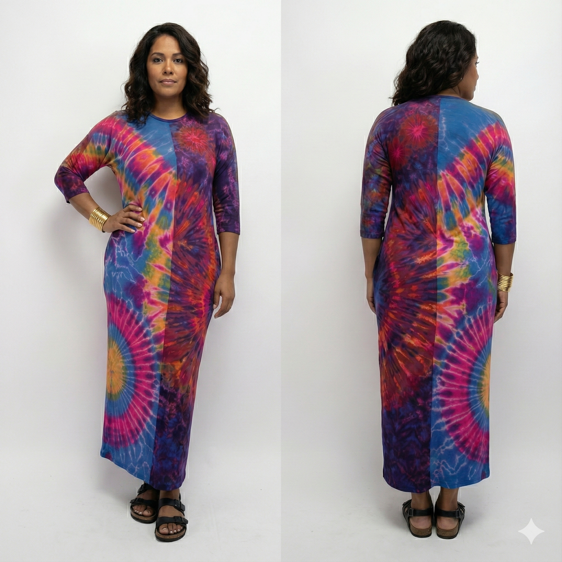 Woman wearing a colorful tie-dye dress from front and back views on a white background