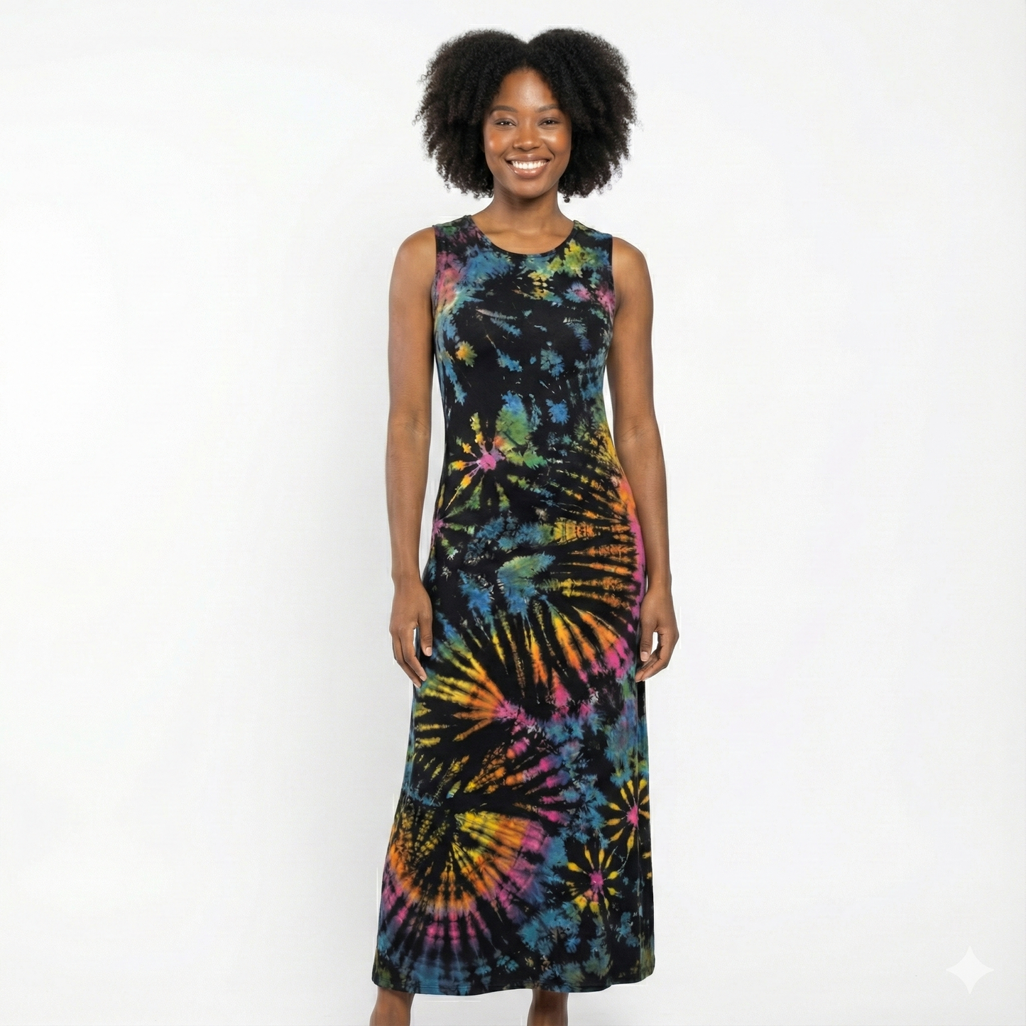 Woman wearing a tie-dye dress on a white background