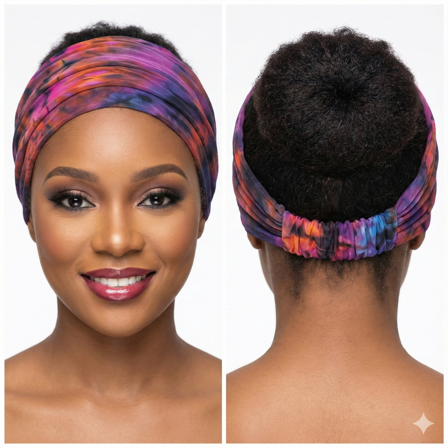 Tie dye headband worn by a model on a white background