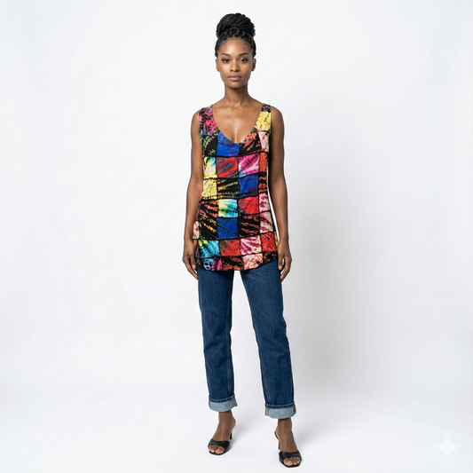 Woman wearing a colorful sleeveless top and jeans on a white background